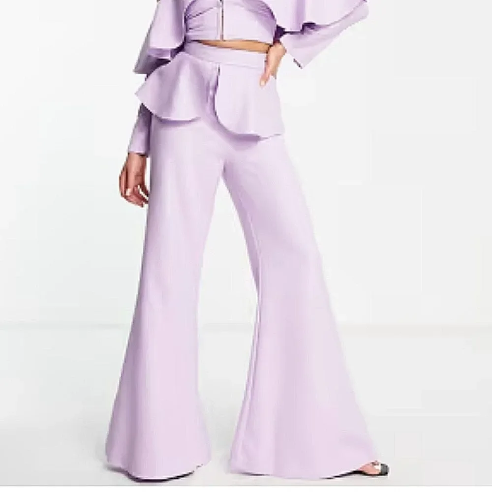 NWT ASOS LUXE Wide Flare Leg Tailored Pants Frill Overlay Lilac Purple 4